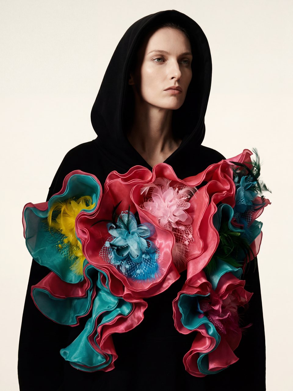 Black floral couture hood