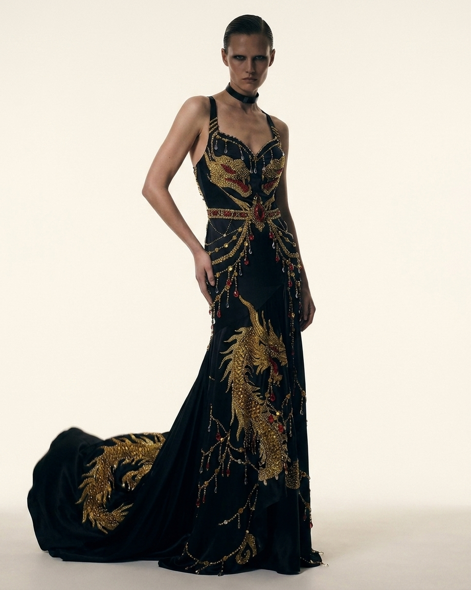 Black beaded dragon train gown model