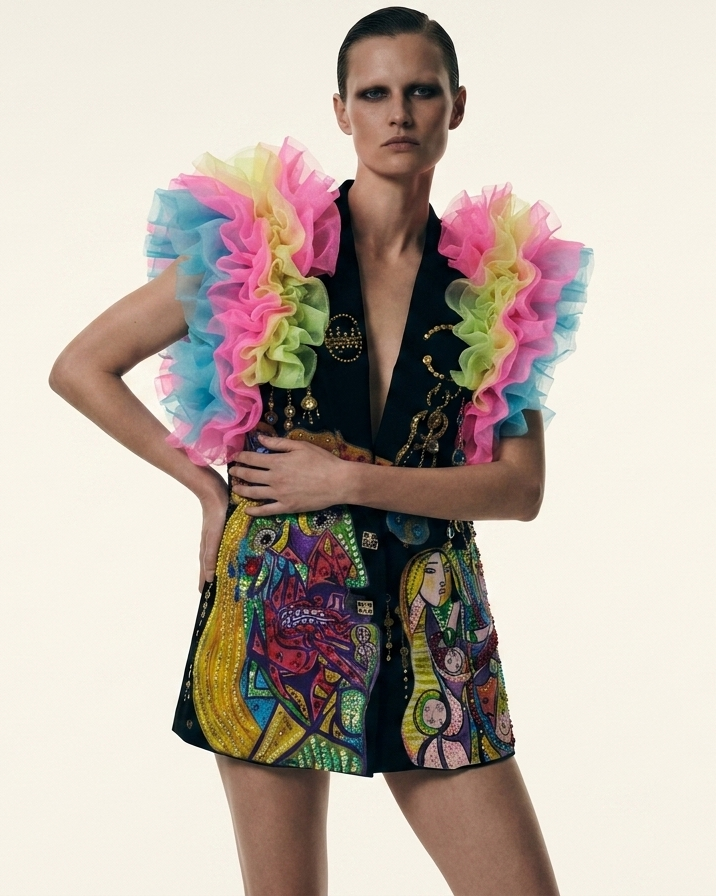 Color pop ruffle patchwork mini look model