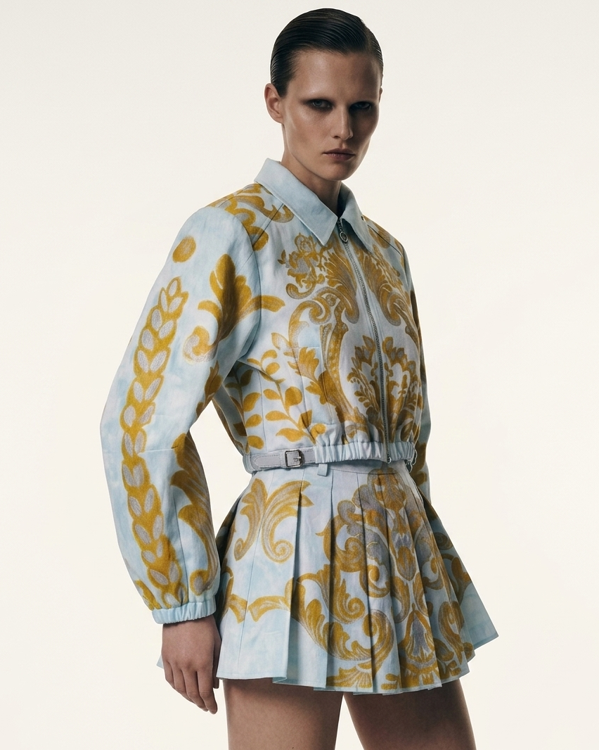 Pale blue gold baroque peplum jacket model