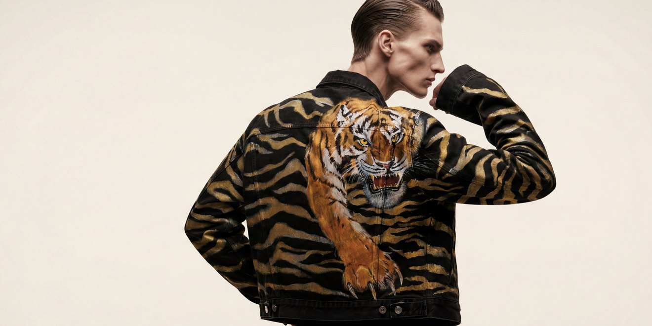 Tiger hand-painted couture jacket editorial image